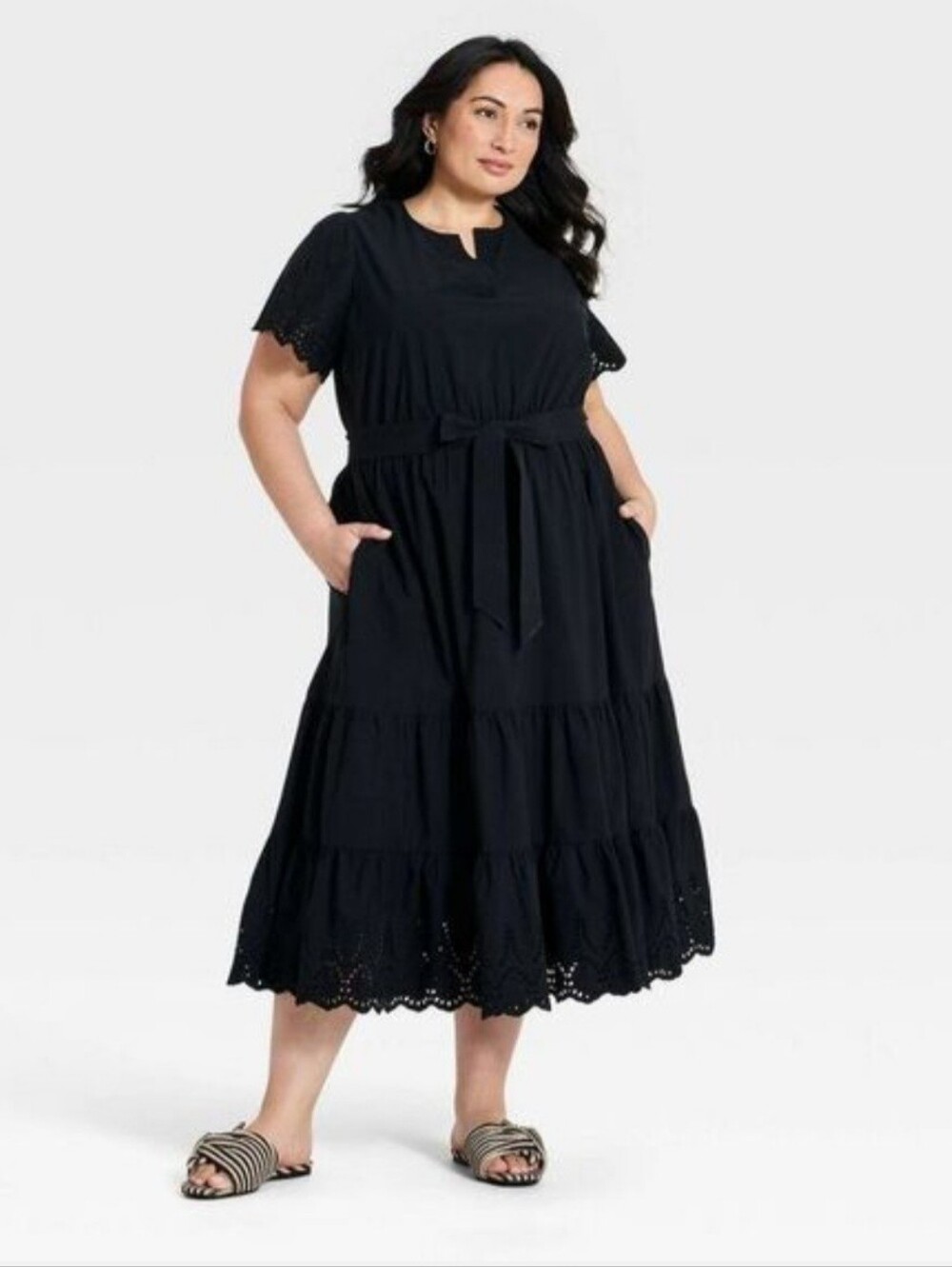 Ava & VivWomen's Short Flutter Sleeve V-Neck Front Tiered Eyelet Midi Dress - 2X